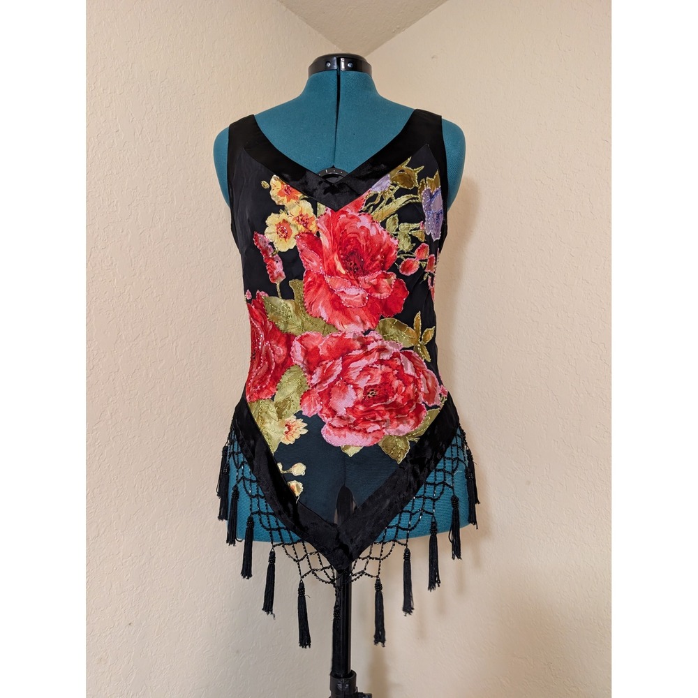 Cache Vintage Y2K Black Velvet Burnout Floral Beaded Fringe Tassel Top Medium
